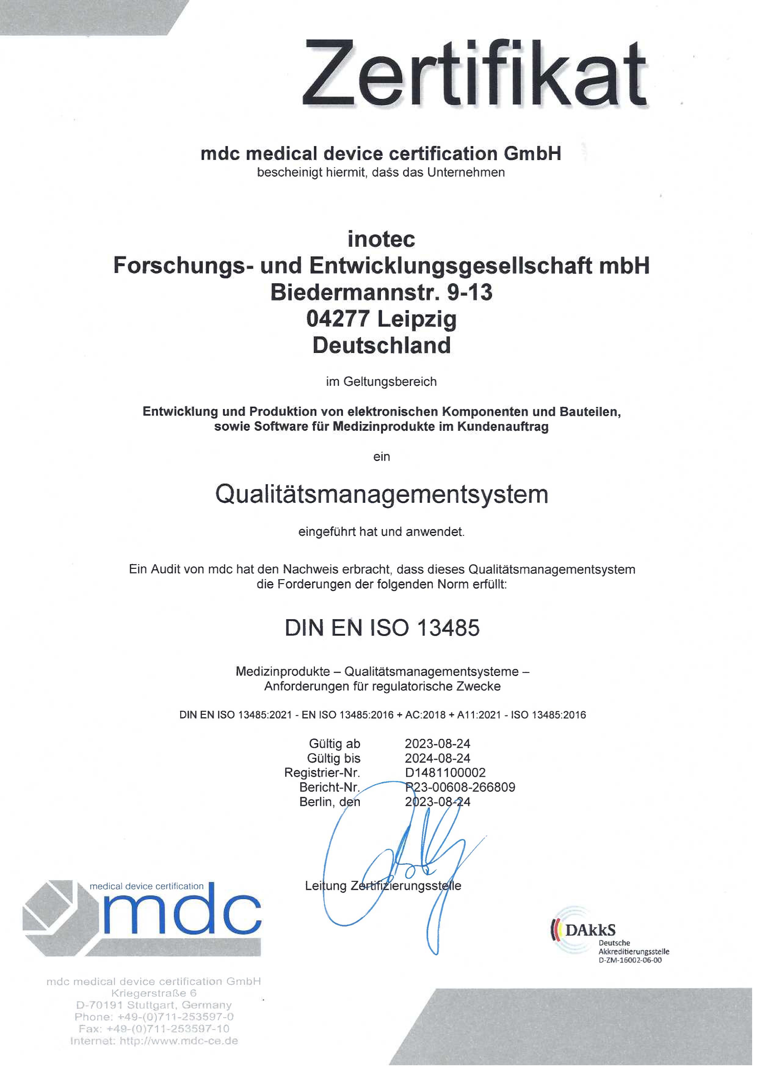 Zertifikat ISO 13485