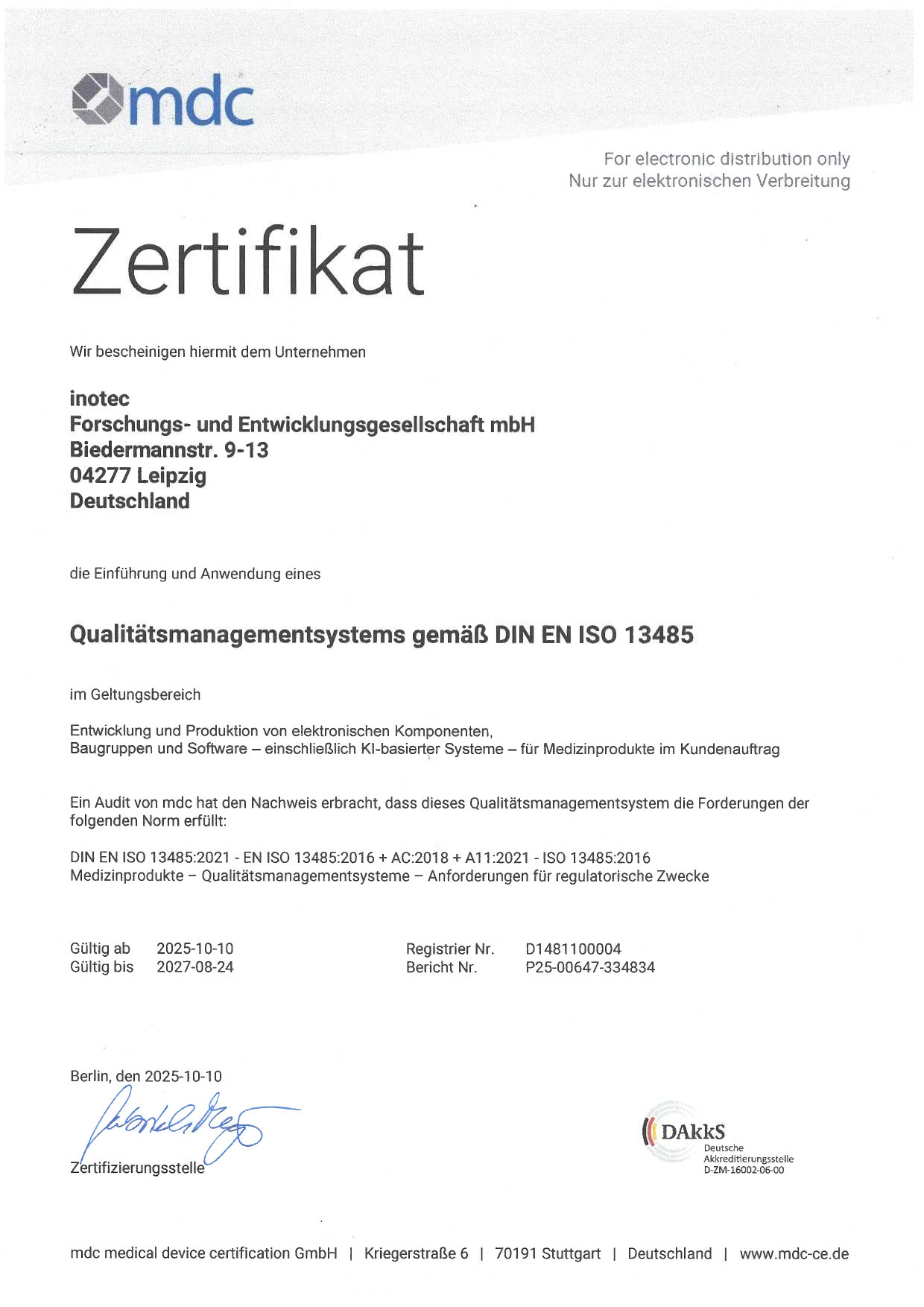 Zertifikat ISO 13485
